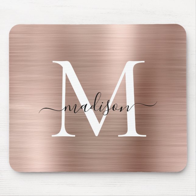 Tapis De Souris Rose Gold Blush Pink Brushed Metal Monogram Script (Devant)