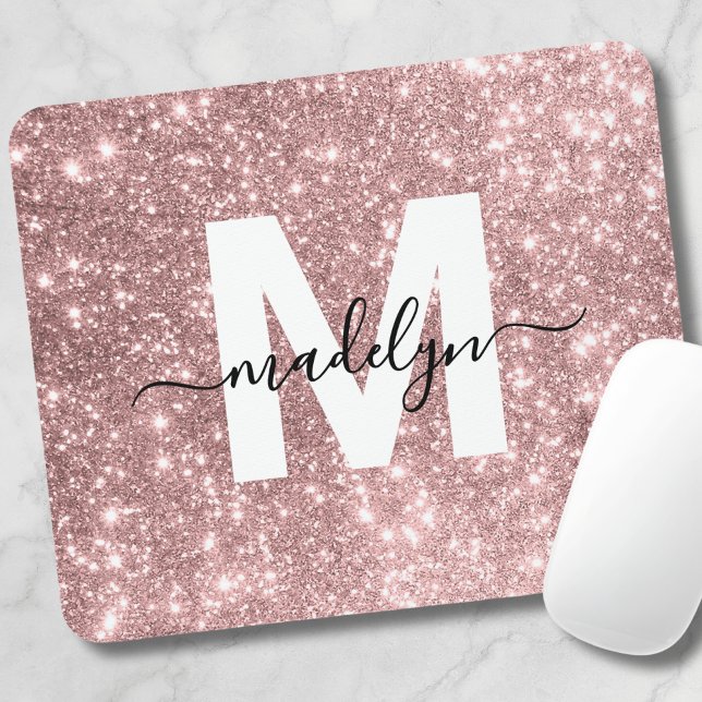 Tapis De Souris Rose Gold Blush Pink Nom de la Parties scintillant (Rose Gold Blush Pink Flitter Name Monogram Mouse Pad)