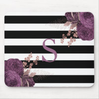 Rose Gold Floral Monogram Noir et Blanc Rayures Pr
