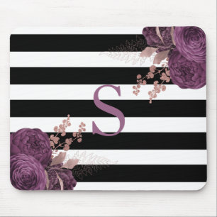 Tapis De Souris Rose Gold Floral Monogram Noir et Blanc Rayures Pr