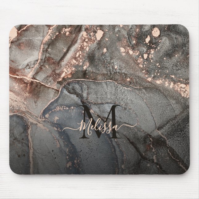 Tapis De Souris Rose Gold Gray Ink Marble Monogram  (Devant)