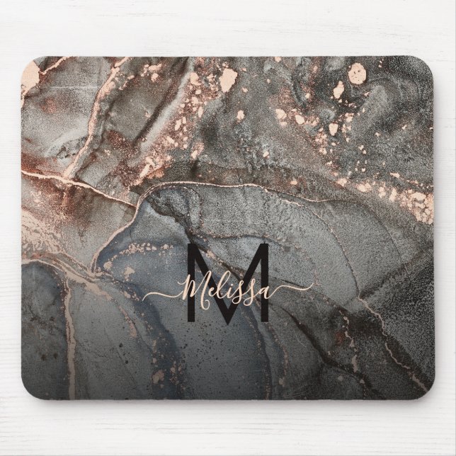 Tapis De Souris Rose Gold Gray Ink Marble Monogramme  (Devant)