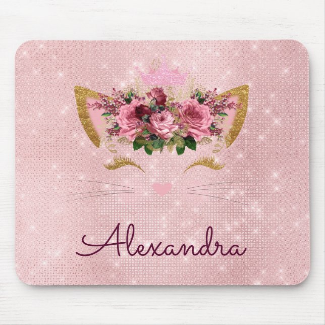 Tapis De Souris Rose Gold Kitty Sparkle Princess Monogramme Nom (Devant)