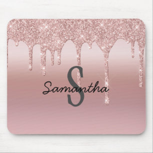Tapis De Souris Rose Gold Monogramme Paillettes Gouttes Fard Rose 