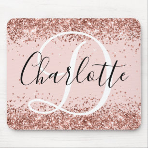 Tapis De Souris Rose Gold Pailleté Blush Monogramme Noir et Blanc