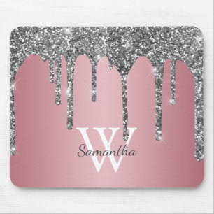 Tapis De Souris Rose Gold Pink Monogram Nom à paillettes argentées