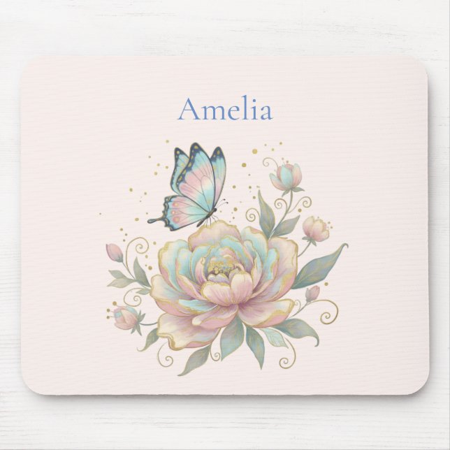 Tapis De Souris Rose Magique et Papillon Couleurs Pastel (Devant)