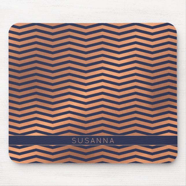 Tapis De Souris Rose moderne en cuivre or huile Chevron Navy bleu (Devant)