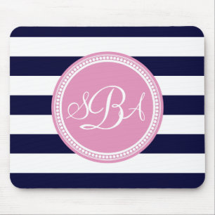 Tapis De Souris Rose Monogramme Marine Bleu Bande Personnalisée
