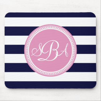 Tapis De Souris Rose Monogramme Marine Bleu Bande Personnalisée