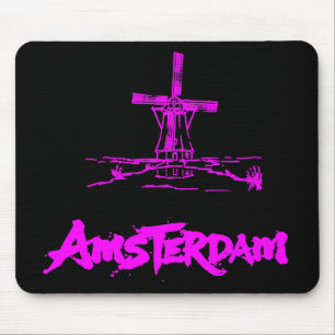 Tapis De Souris Rose Néon Moulin à Vent Amsterdam Esquisse Moderne