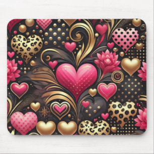 TAPIS DE SOURIS ROSE NOIR OR VALENTINE AIMER COEURS