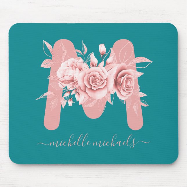 Tapis De Souris Rose or Turquoise Floral Aquarelle Monogramme (Devant)