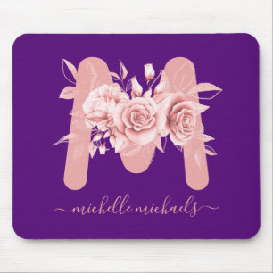 Tapis De Souris Rose or violet d'aquarelle florale Monogramme