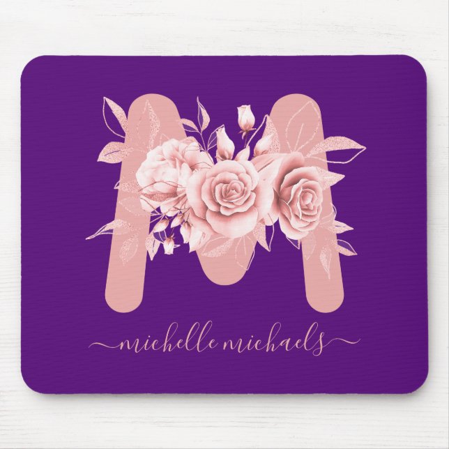 Tapis De Souris Rose or violet d'aquarelle florale Monogramme (Devant)
