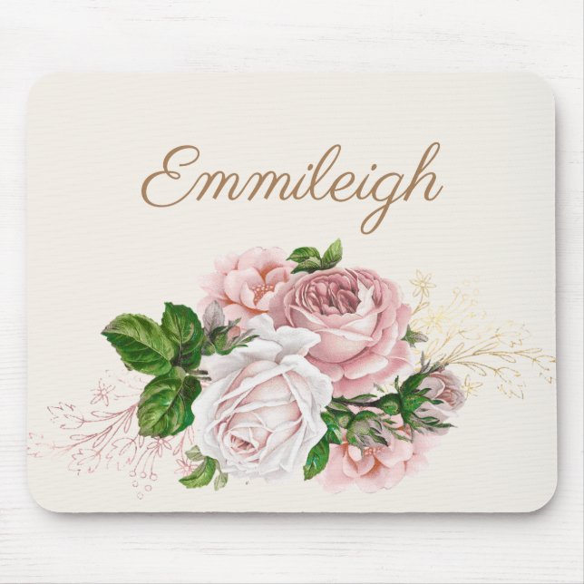 Tapis De Souris Rose Pâle Aquarelle Floral Crème Script (Devant)