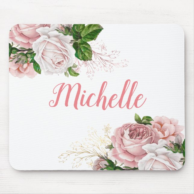 Tapis De Souris Rose Pâle Élégant Fleurs Blanches (Devant)