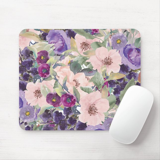 Tapis De Souris Rose Pâle Floral Aquarelle Violet (Avec souris)