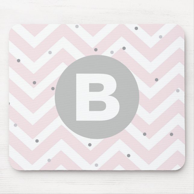 Tapis De Souris Rose pastel chevron et monogramme gris à points (Devant)