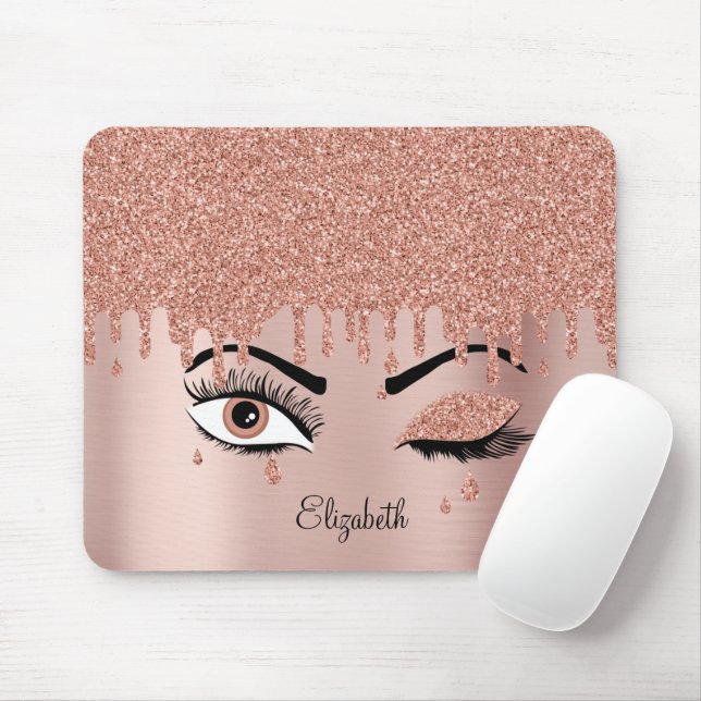 Tapis De Souris Rose Pink Gold Eyelashes Dripping Glitter (Avec souris)
