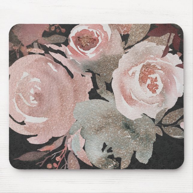 Tapis De Souris Rose Rose Glitter Roses Dark Floral Glam Elegant (Devant)