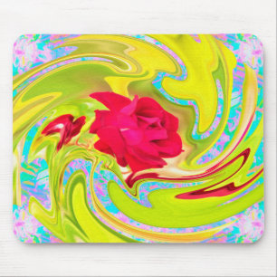 Tapis De Souris Rose rouge abstraite sur tourbillon jaune et aqua