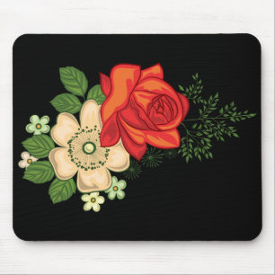 Tapis De Souris Rose rouge et marguerites sur fond noir