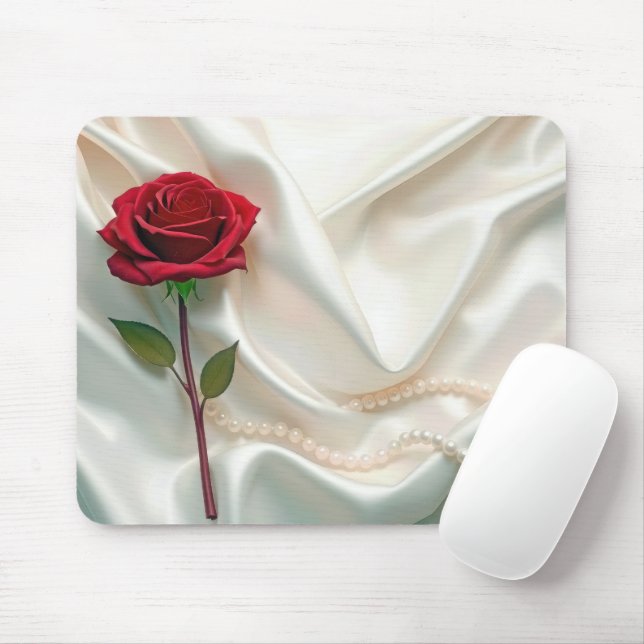 Tapis De Souris Rose rouge et perles sur satin (Avec souris)