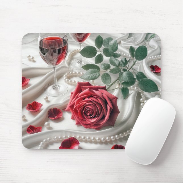 Tapis De Souris Rose rouge et vin sur satin blanc (Avec souris)