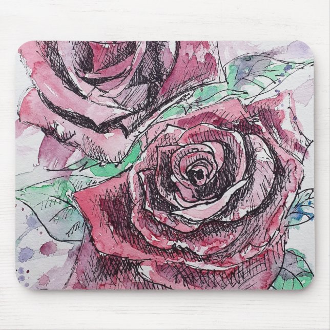 Tapis De Souris Rose rouge Fleurs d'aquarelle peinture florale (Devant)