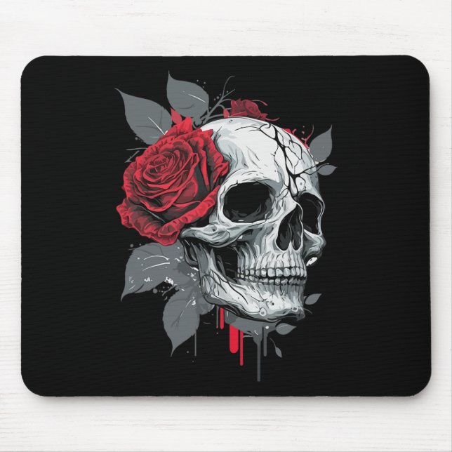 Tapis De Souris Rose Skeleton Skull main rouge Fleur Rose (Devant)