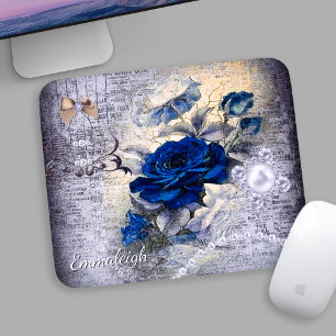 Tapis De Souris Rose victorien bleu foncé Ephemera Monogramme