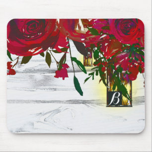 Tapis De Souris Roses aquarelles rouges romantiques et lanterne ru