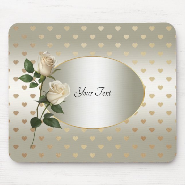 Tapis De Souris Roses blanches Coeurs d'or Mousepad (Devant)