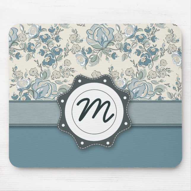 Tapis De Souris Roses bleus et crèmes avec le monogramme (Devant)