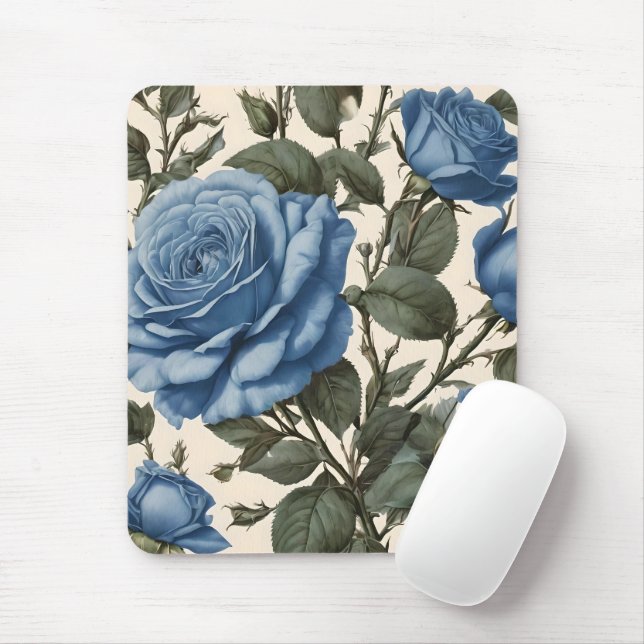 Tapis De Souris Roses Bleus Et Feuilles Verts, (Avec souris)