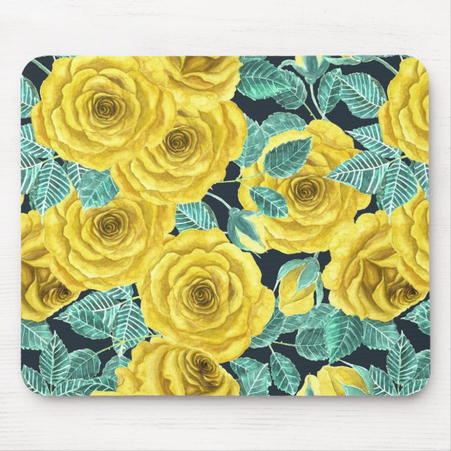 Tapis De Souris Roses d'aquarelle jaune avec feuilles et pattes de (Devant)