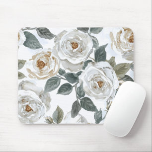 Tapis De Souris Roses de jardin   Floral vintage aquarelle blanche