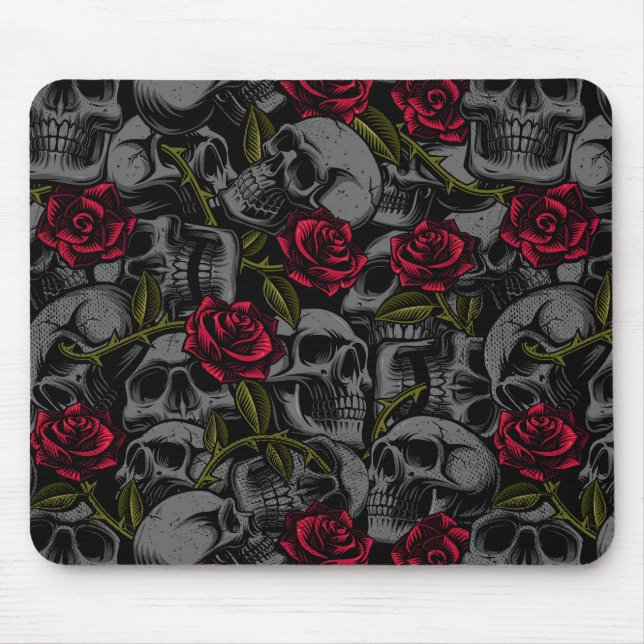 Tapis De Souris Roses et crânes rouges gothiques, Horreur romantiq (Devant)