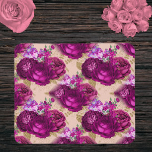Tapis De Souris Roses magenta romantiques et Feuilles d'or sur la