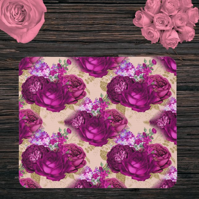 Tapis De Souris Roses magenta romantiques et Feuilles d'or sur la  (Créateur téléchargé)