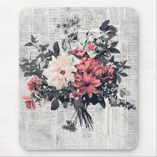 Tapis De Souris Roses roses corail Art botanique de journal vintag
