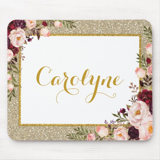 Tapis De Souris Roses roses de Bourgogne d'or d'aquarelle (Devant)