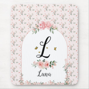 Tapis De Souris Roses roses élégants aquarelle avec papillons