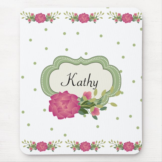 Tapis de souris Roses roses et pois verts (Devant)