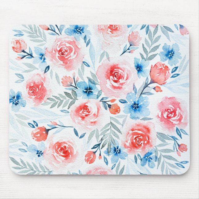 Tapis De Souris Roses Roses Roses Bleues Fleurs Aquarelle Motif Fl (Devant)