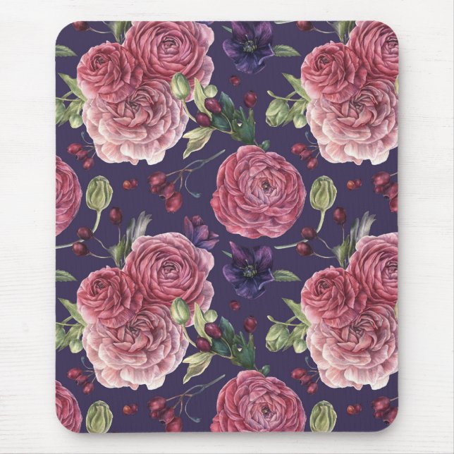 Tapis De Souris Roses Roses Roses Romantiques Sur Motif Violet (Devant)