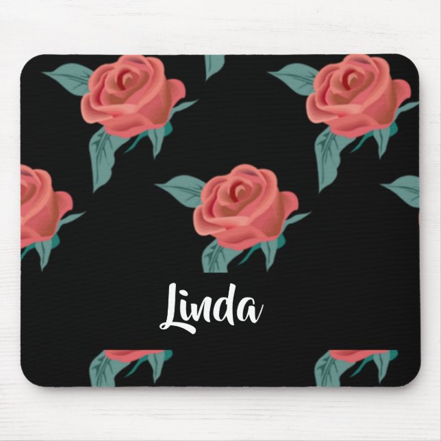 Tapis De Souris Roses roses roses sur noir (Devant)