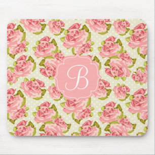 Tapis De Souris Roses roses vintages Girly décorés d'un monogramme