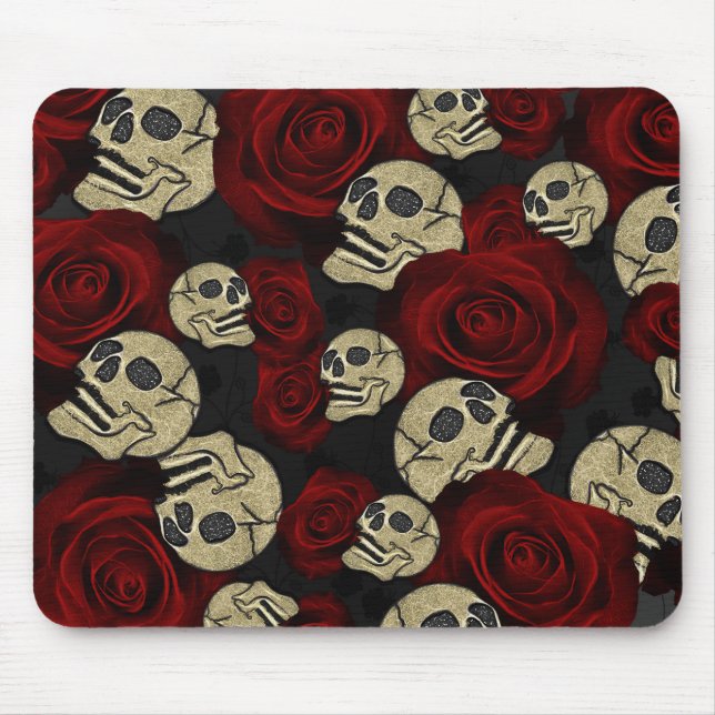 Tapis De Souris Roses Rouges & Crânes Floral Noir Gothique (Devant)